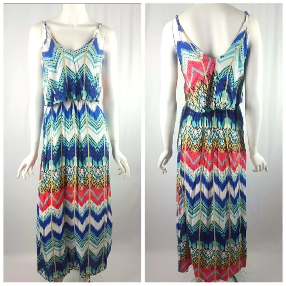 Fun & Flirt Womens Size Small Sleeveless V-Neck Flounce Chevron Maxi